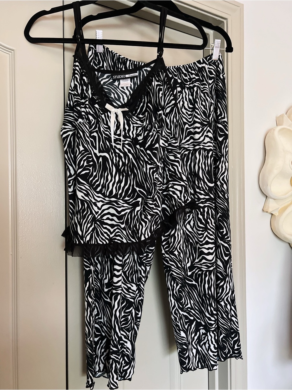 Studio Donatella Zebra Print Pajama Set Black White Mesh Trim Size Medium